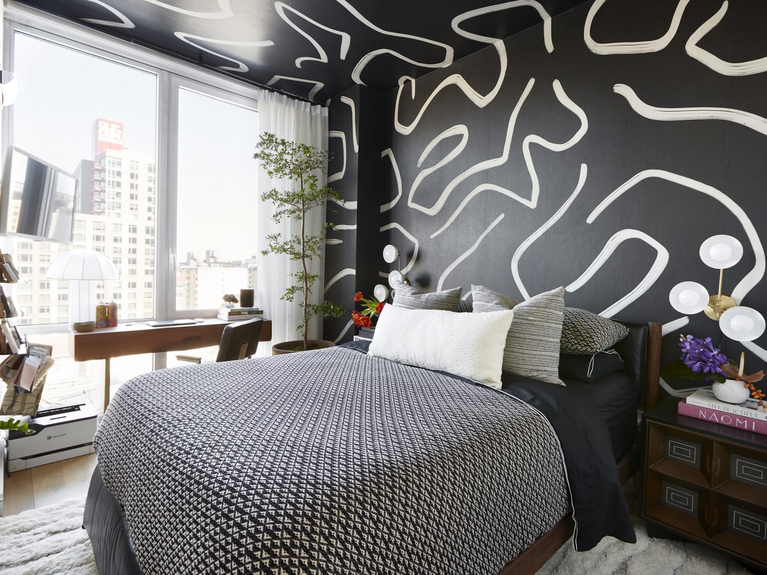 White walls black 2024 furniture bedroom